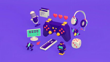 3d illustration about gaming, streaming, cybersport and video game industry with microphone, phones, pc, robots and interface elements
