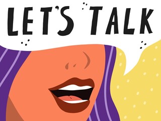 Let's talk speech bubble vector illustration pop art girl. Woman saying Let's talk. Business and Digital marketing concept for website and banners promotions. Pop art talking woman with colored hair.
