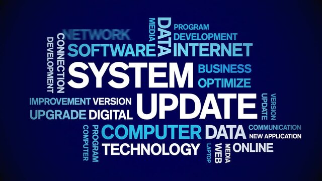 System Update animated tag word cloud;text design animation kinetic typography seamless loop.