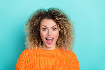 Photo of excited amazed crazy cute lady omg discount reaction wear orange knitted sweater isolated...