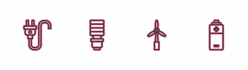 Set line Electric plug, Wind turbine, LED light bulb and Battery icon. Vector