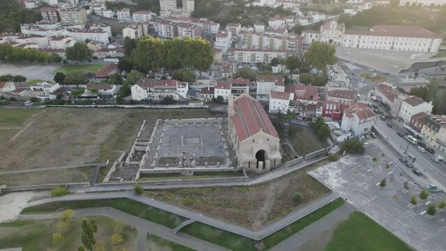 Abandoned Monastery of Santa Clara a Velha, Coimbra in Portugal. Aerial top-down orbit