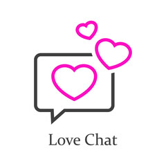 Logotipo con texto Love Chat con burbuja de habla con varios corazones con líneas en color gris y rosa