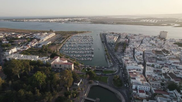 Ayamonte harbor and village, Andalusia in Spain. Aerial backward