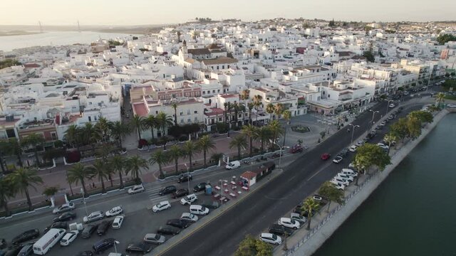 Ayamonte cityscape against Guadiana River, Huelva, Spain. Scenic arial view