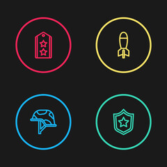 Set line Military helmet, Police badge, Rocket launcher and rank icon. Vector