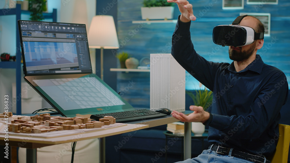 Poster man engineer working with vr glasses to design building model for architectural development. archite