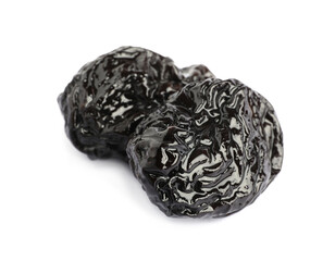 Sweet dried prunes on white background. Healthy snack