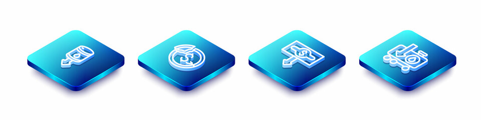 Set Isometric line Drop in crude oil price, Dollar rate decrease, and icon. Vector