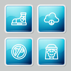 Set line Sneakers, Peace cloud, No war and Hippie girl icon. Vector