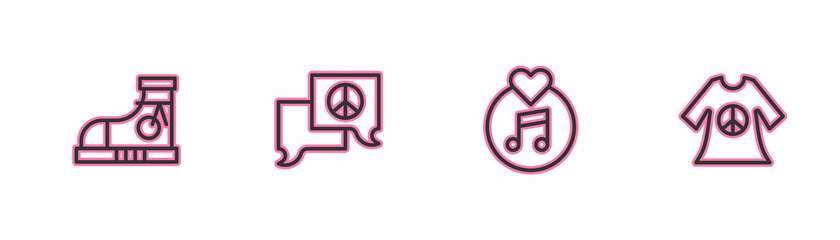 Set line Sneakers, Vinyl disk, Speech bubble chat and Peace dress print stamp icon. Vector