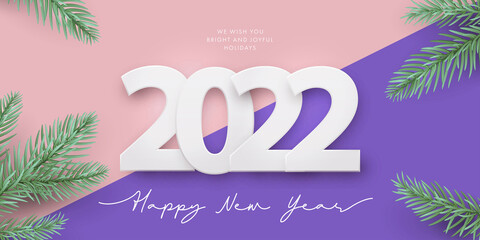 Happy New Year 2022. Modern minimal design with paper cuted 2022 number and realistic pine branches frame on trendy soft pink violet background. Horizontal poster, greeting card, website banner 