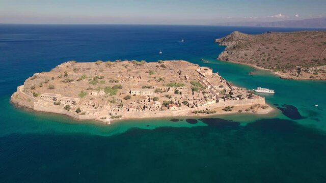 Aerial view. Spinalonga island off the coast of Crete. Former leper colony.