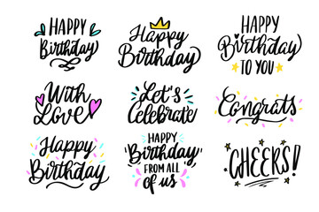 Happy Birthday and Congratulations Greeting Lettering Flat Vector
