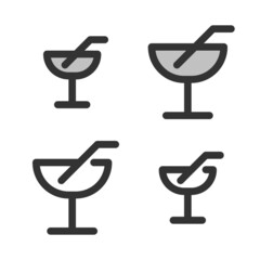Pixel-perfect linear icon of cocktail glass built on two base grids of 32 x 32 and 24 x 24 pixels. The initial base line weight is 2 pixels. In two-color and one-color versions. Editable strokes