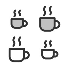 Pixel-perfect linear icon of cup of hot coffee or tea built on two base grids of 32x32 and 24x24 pixels. The initial base line weight is 2 pixels. In two-color and one-color versions. Editable strokes