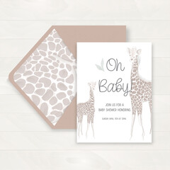 Baby shower invitation and happy birthday greeting card with watercolor giraffe. Vector illustration, hand drawn style.