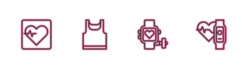 Set line Heart rate, Smart watch with heart, Sleeveless t-shirt and icon. Vector