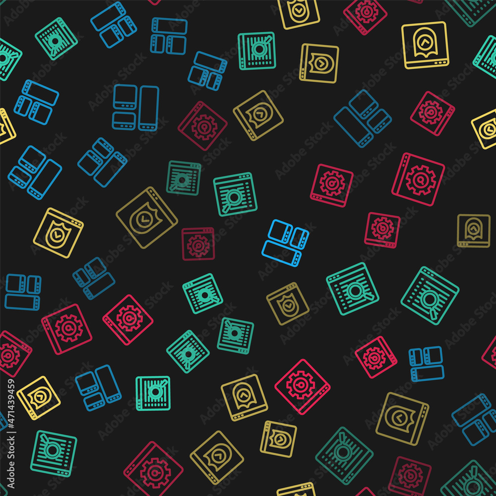 Poster set line browser window, search engine, with shield and setting on seamless pattern. vector