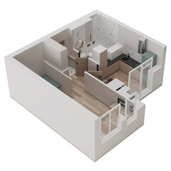 Small apartment design. The layout of the premises. Space zoning. View from above. 3D rendering.