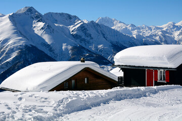 Fiescheralp car free resort in Bernese Alps on height 2,212 metres, Fiescheralp can be reached by cable car from Fiesch, winter, Jungfrau Aletsch area, UNESCO Valais,Wallis, Switzerland, Europe