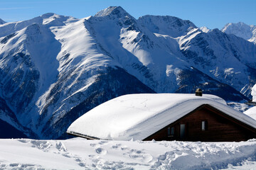 Fiescheralp ski resort in Bernese Alps on height 2,212 metres in winter, Aletsch glacier area, UNESCO, canon Valais, canton Wallis, Switzerland, Europe - obrazy, fototapety, plakaty