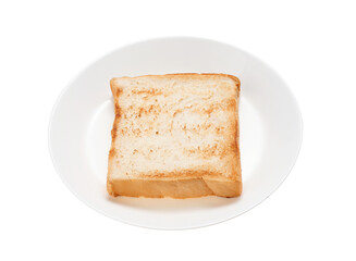 Slices toast bread in dish on white background