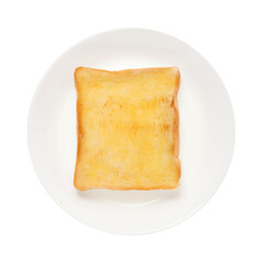 Slices toast bread in dish on white background