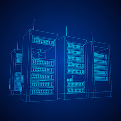 Data network server in cabinet. Diagnostic test in computer room technology communication computers and device concept. Wireframe low poly mesh vector illustration.