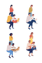 Fototapeta na wymiar Stressed family members with pet semi flat color vector characters set. Full body people on white. Family crisis isolated modern cartoon style illustrations collection for graphic design and animation