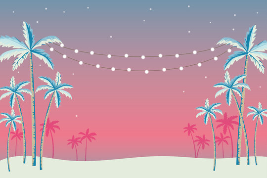 Vector tropical background illustration with palm tree and hanging party light