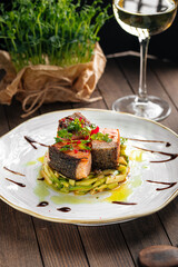 Gourmet cooked salmon fillet on cucumbers and apple