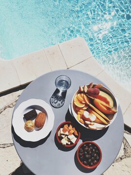High Angle View Of Breakfast Served On Table On Swimming Pool