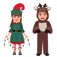 Merry Christmas and Happy New Year! Couple of boy and girl. Vector illustration.