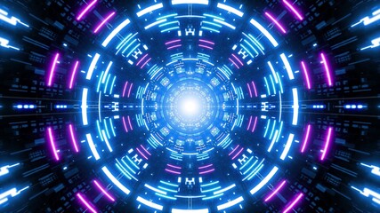 Glowing Blue Circle Lamp in the Multiple Neon Light Retro Style Sci Fi Tunnel