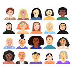 Fototapeta premium Collection set of diverse women portrait isolated on white background. Flat hand drawn female characters vector illustration. Group of multicultural different ethnicity people, avatar design