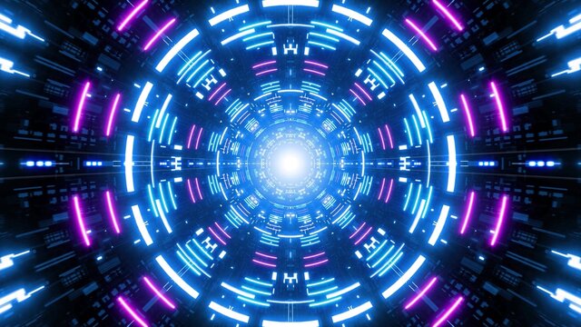 Glowing Blue Circle Lamp in the Multiple Neon Light Retro Style Sci Fi Tunnel