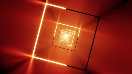 Glowing Red Square Shape Light Lamps in the Metal Tunnel 3D Rendering