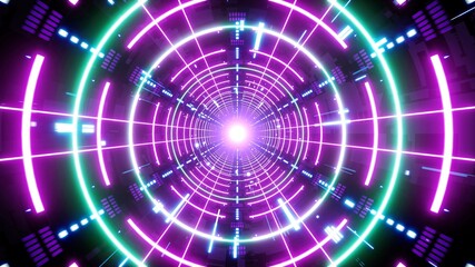 Glowing Multiple Circular Light Lamp in the Space Neon Tunnel