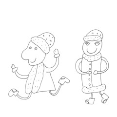 Obraz premium Vector outline of Santa Claus. Vector outline of the Snow Maiden. Merry business frost. Funny Snow Maiden. Isolated. Coloring pages for children and adults. Drawn by hand. Cartoon.