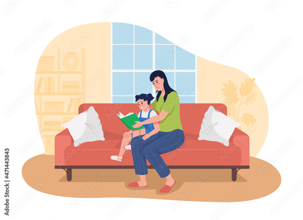 Canvas Prints encouraging kid to love reading 2d vector isolated illustration. female parent reading book to daugh