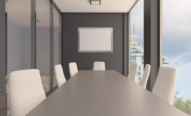 Modern office building interior. 3D rendering.. Blank paintings.  Mockup.
