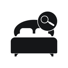 Bed icon with research sign. Bed icon and explore, find, inspect symbol.
