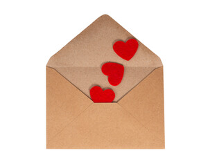 Brown craft envelope with felt hearts love concept isolated on the white background