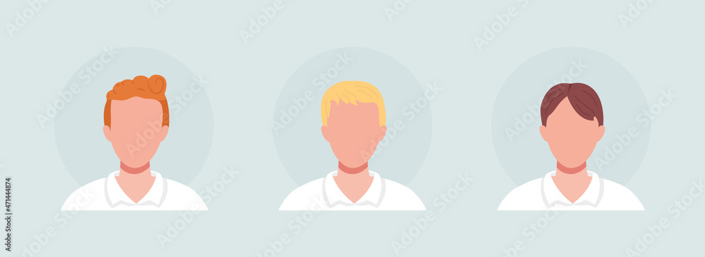 Poster man with different hair color semi flat color vector character avatar set. portrait from front view.
