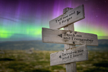 tell me and i forget  text quote on signpost under the northern lights.