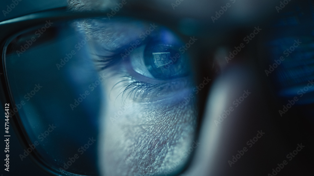 Poster Close-up Portrait of Software Engineer Working on Computer, Line of Code Reflecting in Glasses. Developer Working on Innovative e-Commerce Application using Big Data AI. Stylish Macro Shot of Eye