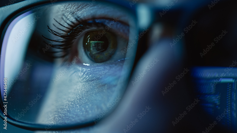Poster Super Close-up on Female Eye, Software Engineer Working on Computer, Programming Reflecting in Glasses. Developer Working on Innovative e-Commerce Application using Machine Learning, AI, Big Data