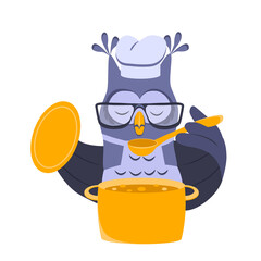 Owl cooks food in a saucepan. Serious owl with glasses and apron tastes food with a spoon. Owl chef. Cartoon vector illustration, design for print, sticker and postcard. Isolated on white background