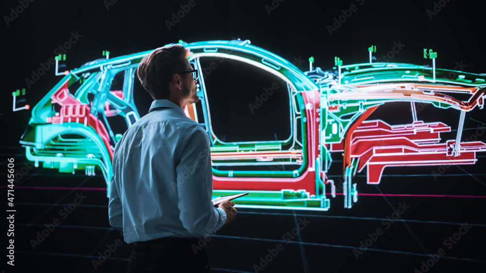 Poster innovative green energy startup: engineer designing electric car using tablet computer and big wall 